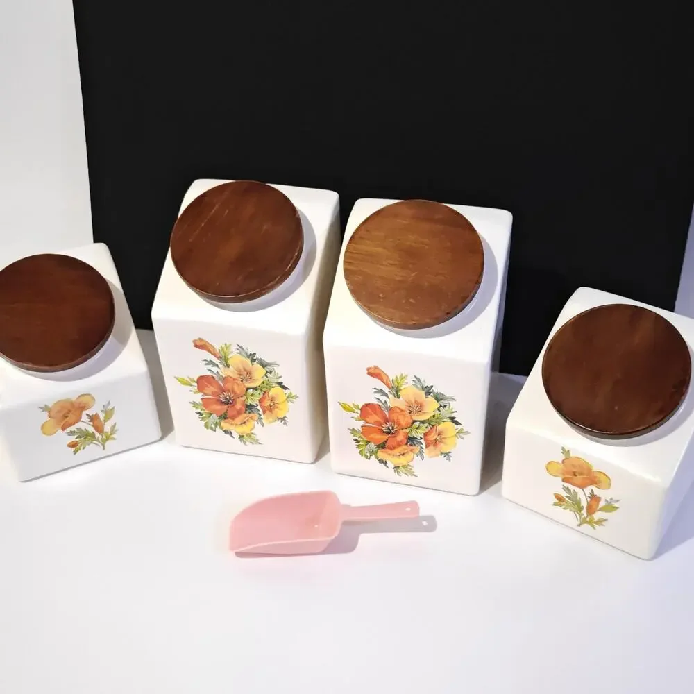 Set Of 4 Hyalyn USA Canister Pottery Pieces Wood Tops Vtg Vegetable w Scoop - Picture 13 of 15
